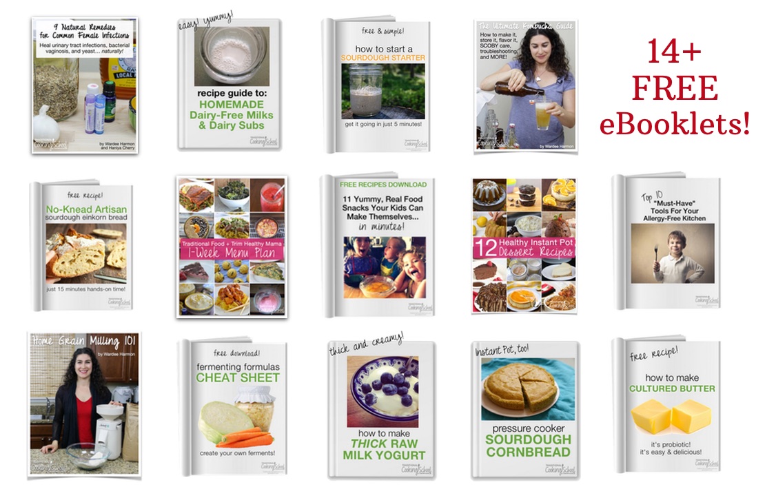 photo collage of 14+ eBooklets, including no-knead sourdough bread and how to make thick raw milk yogurt, available if you sign up for the FREE Traditional Cooking Cupboard