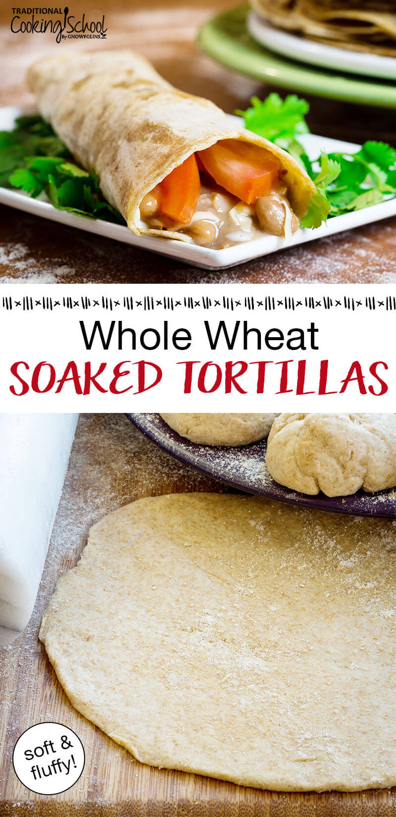 whole wheat flour tortillas - one rolled into burrito and one rolled out with rolling pin