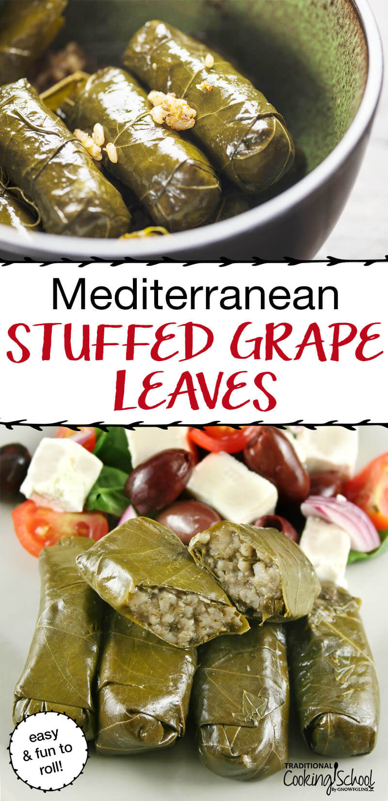 Mediterranean Stuffed Grape Leaves {Dolmas} are one of my all-time favorite foods. When we had them growing up, it was a family affair. Whoever was home loved to get in on the rolling. My mom would lead us in making a huge pot of them, stuffed full with deliciously seasoned meat, rolled in a grape leaf drenched in lemon juice. We would eat off this Greek favorite for days, if they lasted that long! #stuffedgrapeleaves #recipe #mediterranean #greek #stuffed #lamb #beef #tradcookschool