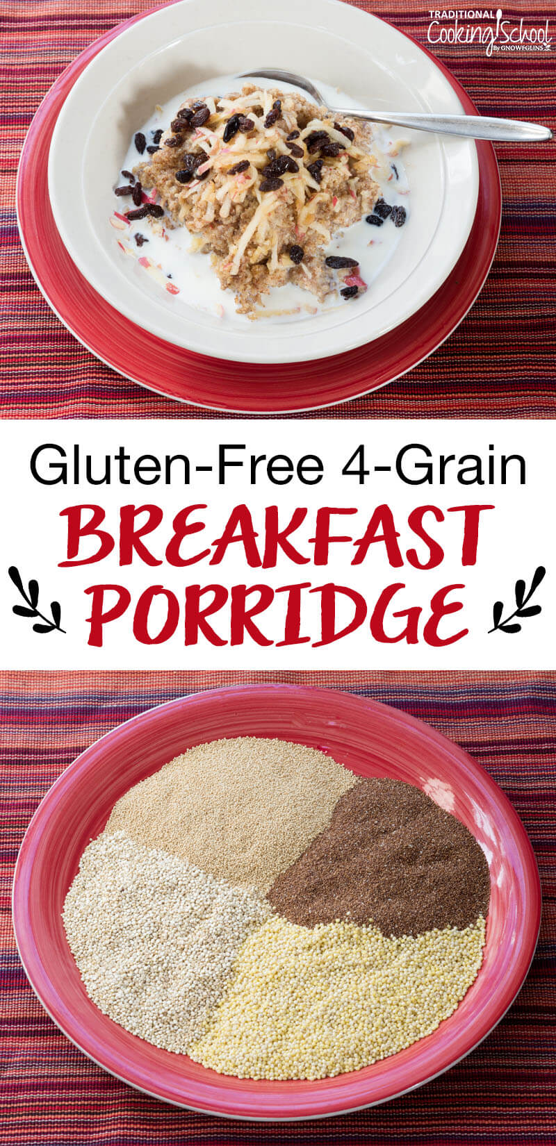 photo collage of breakfast porridge with text overlay: "Gluten-Free 4-Grain Breakfast Porridge"