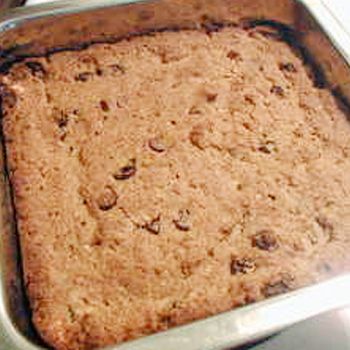 chocolate chip cookie bars in baking pan