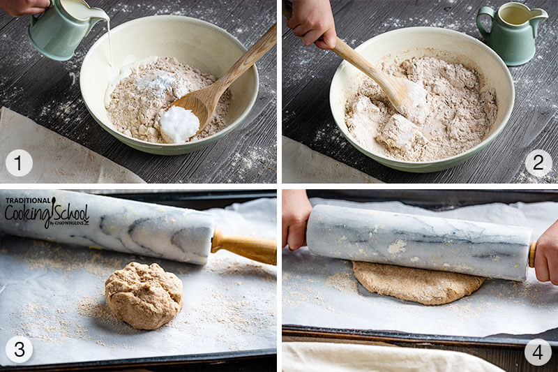 First 4 steps for making homemade crackers with sprouted spelt flour. Mixing ingredients, stirring in a bowl, dividing dough into fourths and rolling dough out with a rolling pin.