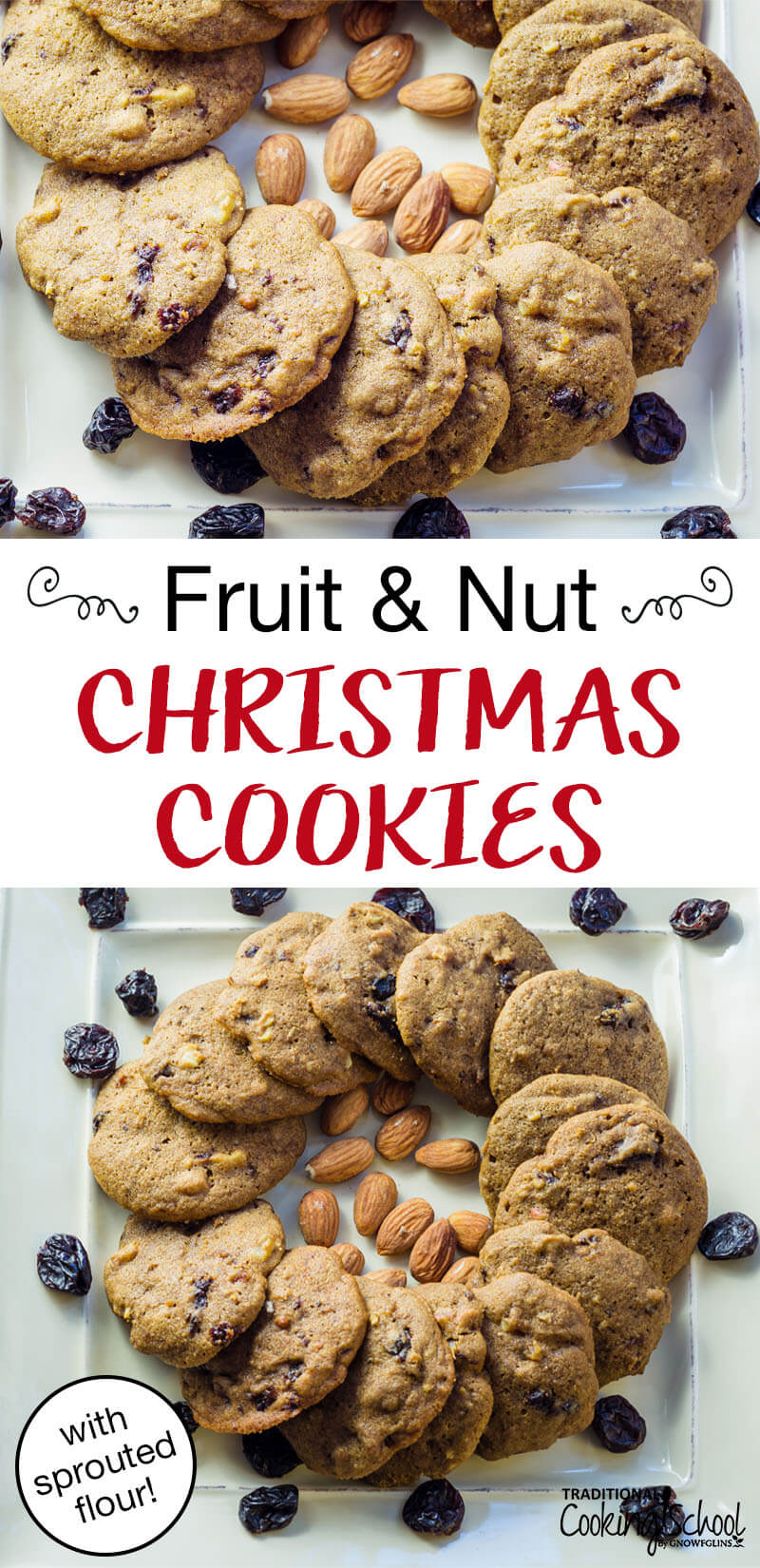 Fruit and nut Christmas cookies with almonds and raisins close up