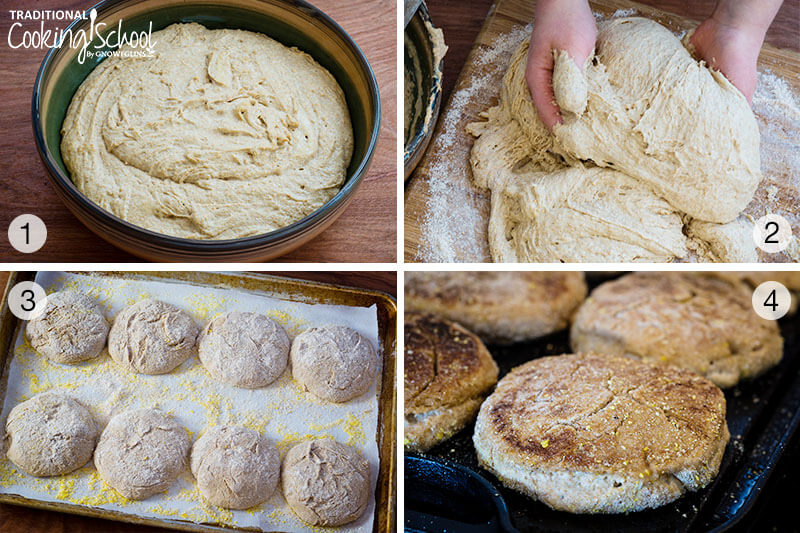 Four images showing the steps of making sourdough English muffins. Dough in a bowl, dough being kneaded, dough formed into muffins and muffins being cooked.
