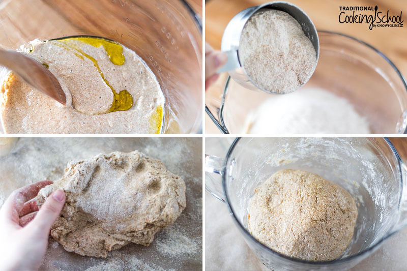 Photo collage of making sourdough pizza: 1) mixing together sourdough starter and water 2) adding flour 3) kneading dough 4) letting dough rest in a greased bowl