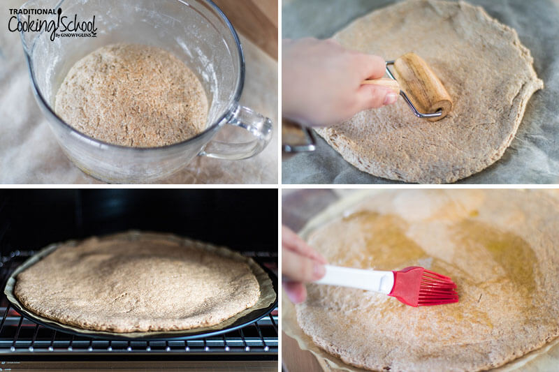 Photo collage of making sourdough pizza: 1) risen dough ball in a mixing bowl 2) rolling out the dough 3) pre-baking the pizza crust 4) spreading olive oil onto pre-baked crust