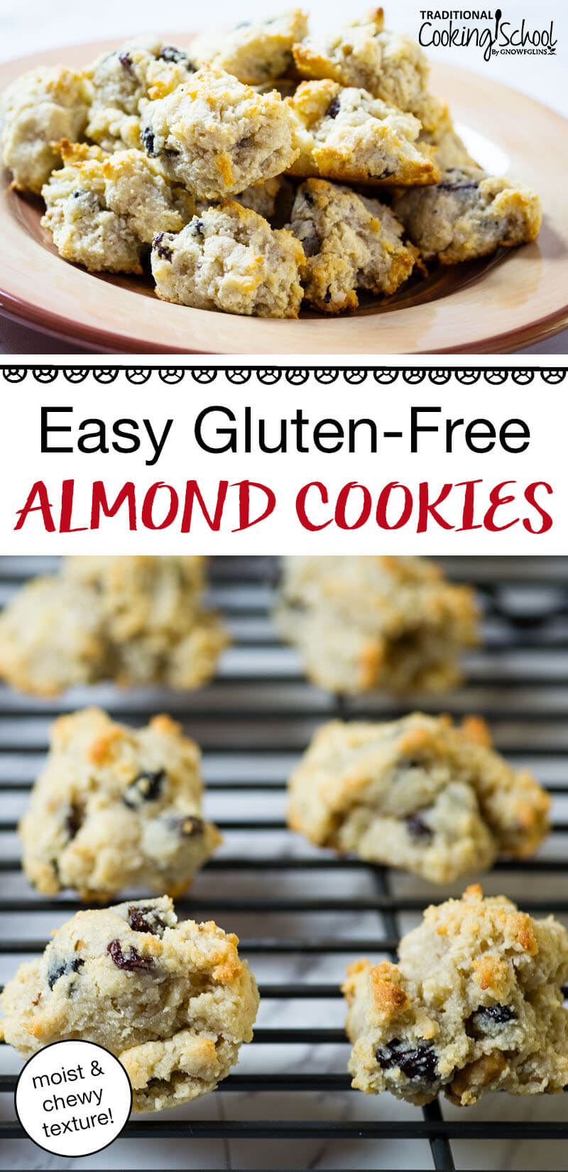 Longer Pinterest pin with almond cookies on cooling rack and a plate of almond cookies. Text overlay, "Easy Gluten-Free Almond Cookies: moist & chewy texture!"