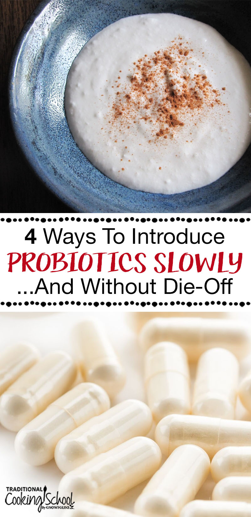 Tips For Introducing Probiotics Slowly & Without Die-Off | Probiotics are an essential part of the GAPS diet (a gut-healing protocol). This is how we repopulate our guts with all of the good stuff that we’ve been missing. However, as we introduce them, our bodies can experience difficulty. I hope that by sharing my story, you’ll avoid making the same mistakes I did! | TraditionalCookingSchool.com