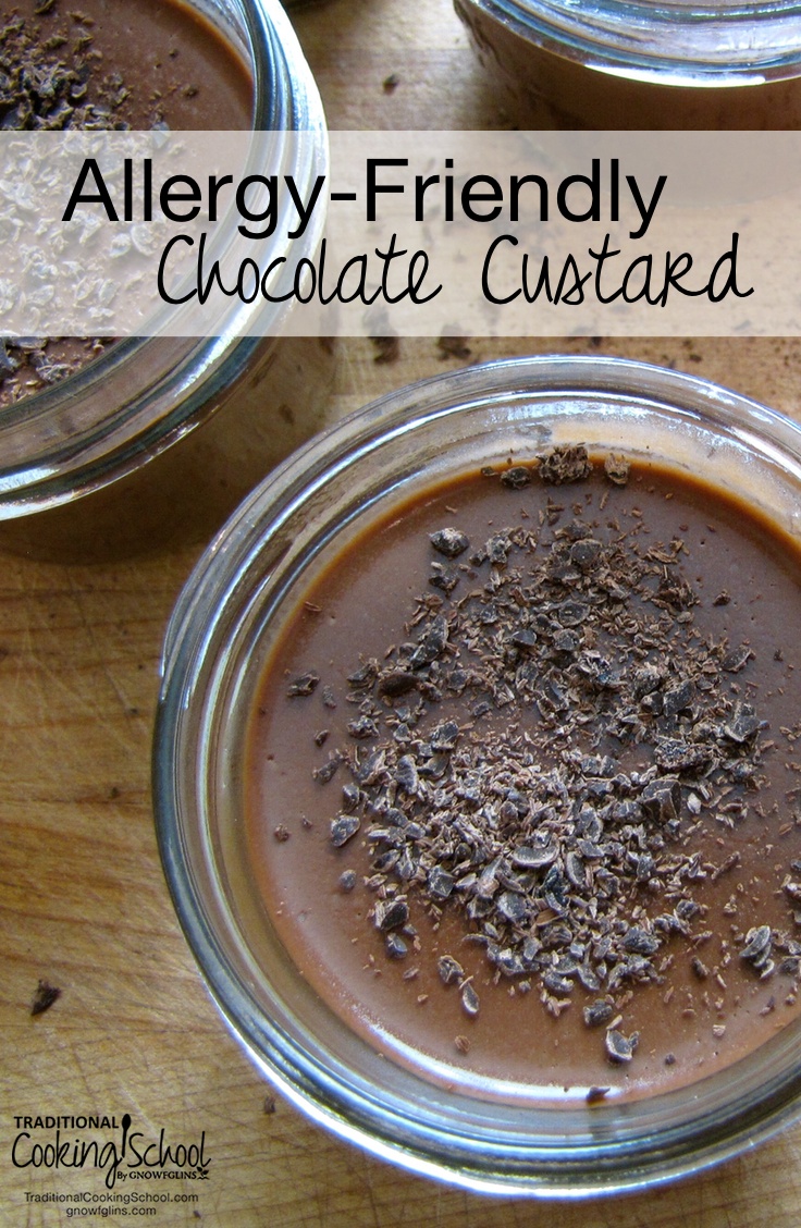 Allergy-Friendly Chocolate Custard | We are in love with this custard. It's thickened with mineral-rich and digestive-supporting gelatin and it's allergy-friendly. You can use whatever milk you'd like, so dairy-free is an option. And it doesn't need eggs (thanks to that gelatin). Make it now and it will be chilled by dinner time! | TraditionalCookingSchool.com