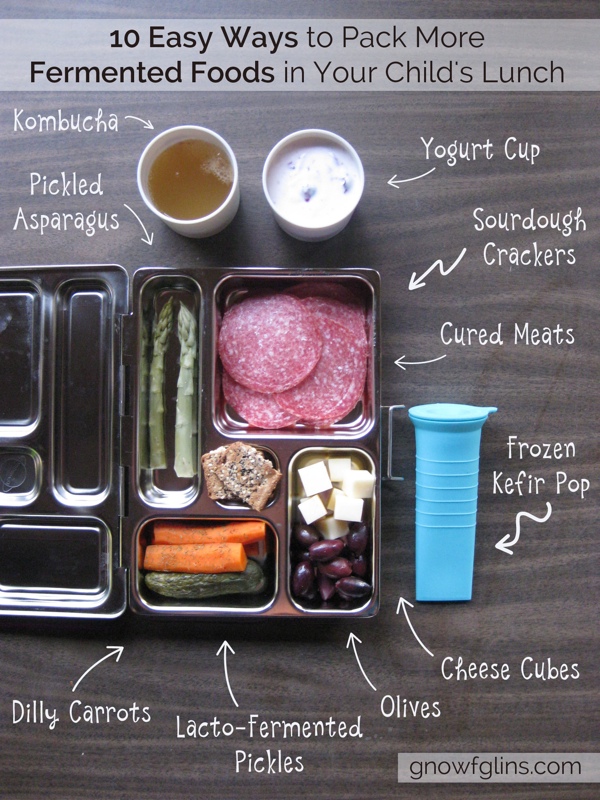 10 Easy Ways to Pack More Fermented Foods in Your Child's Lunch | Fermented foods pack a nutritional punch for any meal. But, what to pack and how to provide variety? Here's how to make the most of your child's school lunch with fermented foods -- without adding lots of prep time. | TraditionalCookingSchool.com
