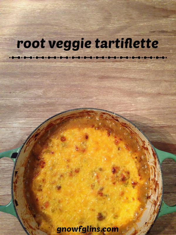 Root Veggie Tartiflette | This happy accident came to be when I was trying to use up a few extra root vegetables. It's not a stew. It's sort of a casserole. But it is comfort food: homey and rustic. This tartiflette (a traditional French dish) includes root vegetables, which are high in antioxidants, fiber, and essential minerals. | TraditionalCookingSchool.com