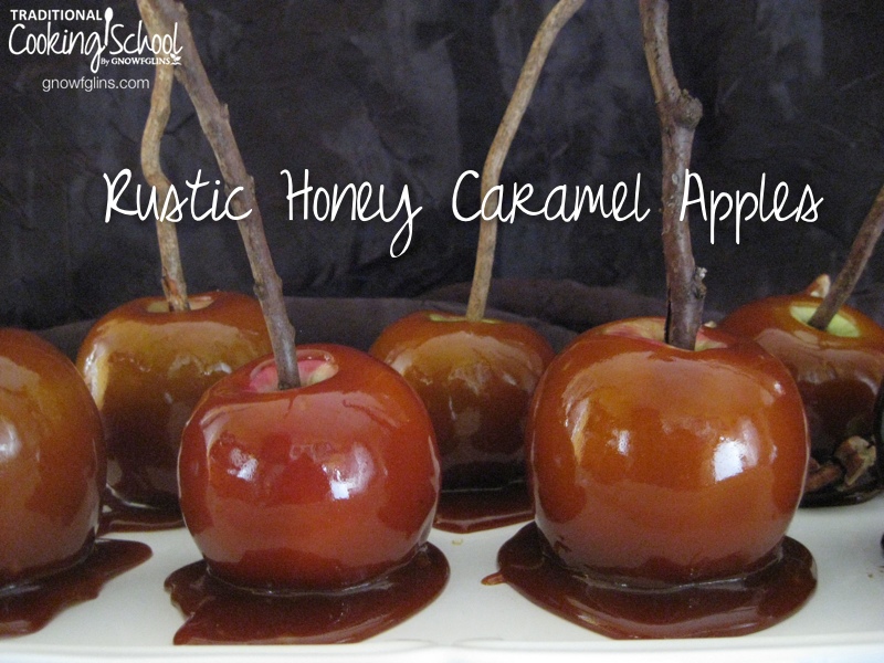 Rustic honey caramel apples (complete with gathered sticks from your yard) will delight you and your kiddos, giving you a sweet treat alternative during this processed-sugar laden time of year. | TraditionalCookingSchool.com