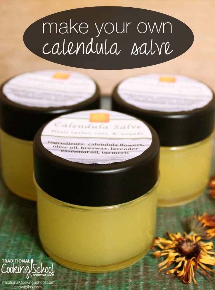 Calendula is a wonderful healing herb -- excellent for all skin ailments, quickly healing rashes and wounds, and gentle for the whole family. Make up a batch of this salve in 15 minutes and have a go-to remedy for all rashes, cuts, scrapes, bruises, burns, bites, blisters, and dry skin. Pour it into a pretty jar, top it with a label and ribbon, and it makes a thoughtful gift! | TraditionalCookingSchool.com
