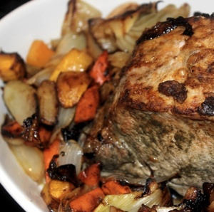 Once upon a time, "seasonal eating" applied to everything -- not just spring onions, summer berries, or fall pumpkins. Meats were seasonal, too. Pork was most plentiful in winter when the cold temperatures insured proper hog butchering conditions. Here's a winter pork roast, where you can make use of whatever winter vegetables you've got on hand. | TraditionalCookingSchool.com