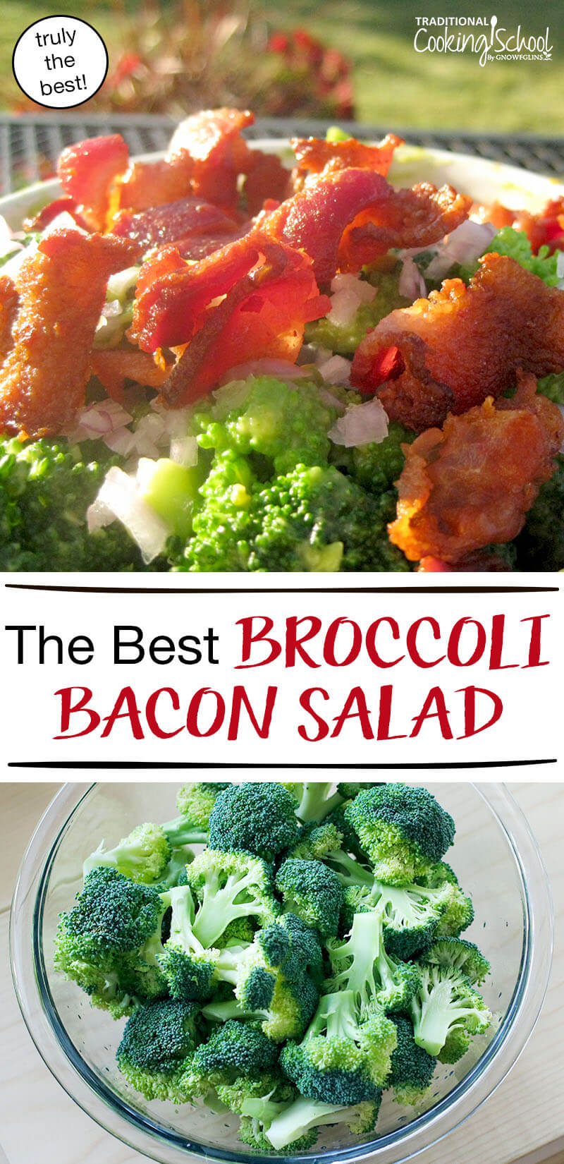 The Best Broccoli Bacon Salad {truly!} | I suppose it is a bit presumptuous of me to share this recipe a few months ahead of broccoli season, but -- trust me -- you'll want this recipe in hand when your kitchen overflows with green florets later this summer. | TraditionalCookingSchool.com
