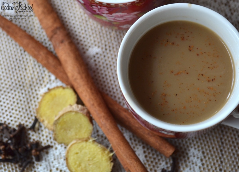Vanilla Ginger Chai Tea {with a nourishing gelatin boost!} | In recent years, I've avoided vanilla chai drinks because of the caffeine and sugar. Then I happened up on this warm, soothing, nourishing, mug-worthy morning drink, and I include gelatin for a nutritional boost. If you like chai, I believe you will love this homemade version as much as I do! | TraditionalCookingSchool.com