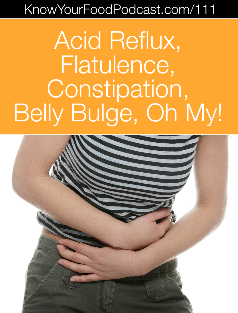 Acid Reflux, Flatulence, Constipation, Belly Bulge, Oh My! | Acid reflux, flatulence, constipation, belly bulge, oh my! Sameera H. recently wrote in, asking for help with all these. Since there's so much to say about it, I gave her question the whole show. Many of us have suffered (and are suffering) with these, even me from time to time. Here are natural tips for relief -- many of which have helped me and my family. | KnowYourFoodPodcast.com/111
