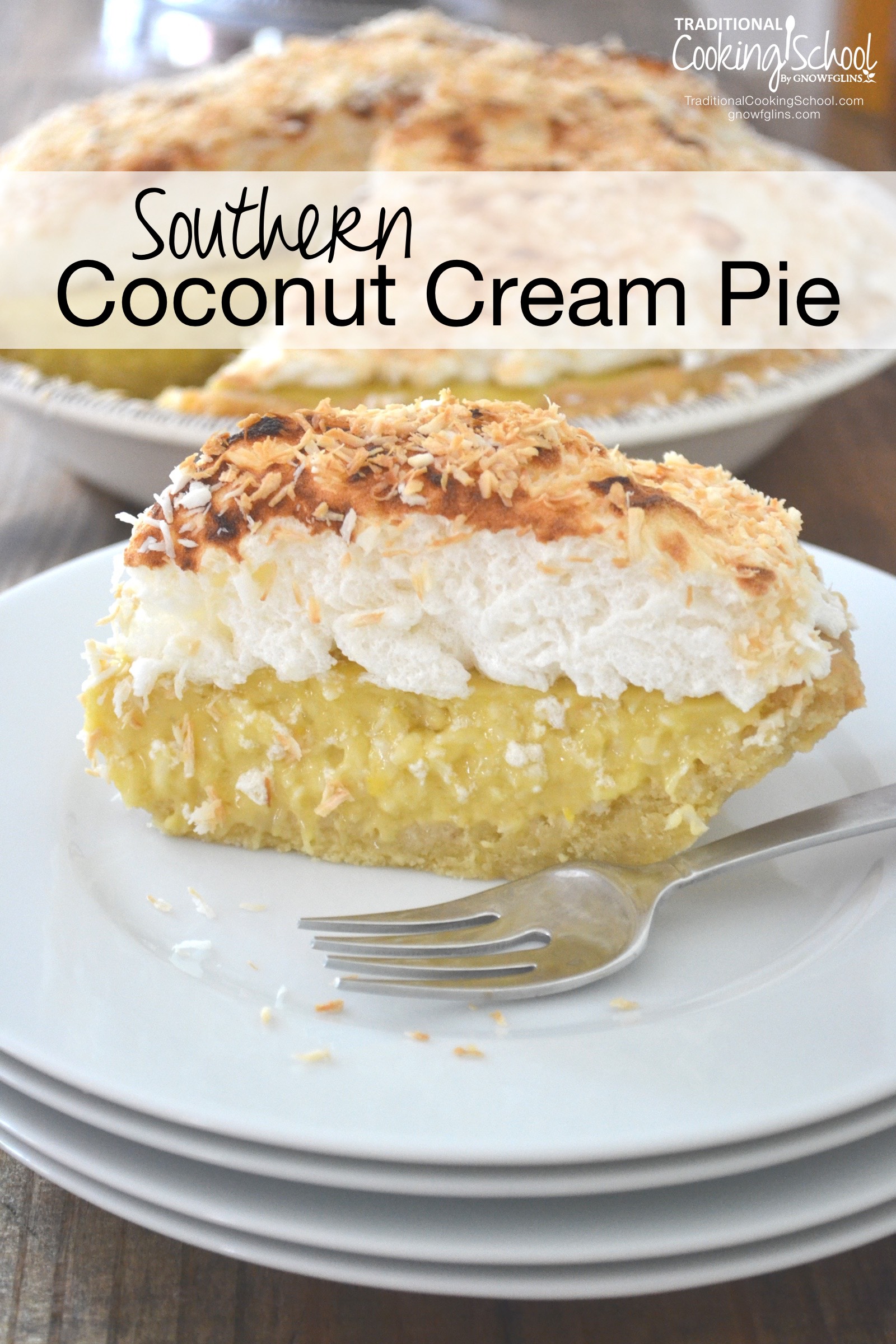 Southern Coconut Cream Pie | My husband's absolute favorite dessert is... coconut cream pie. For his birthday, I considered overnighting his favorite from Tina's in New Mexico. I snapped back to reality and made one instead. THIS coconut cream pie has nothing to hide -- no white flour, refined sugar, boxed pudding, or margarine. | TraditionalCookingSchool.com