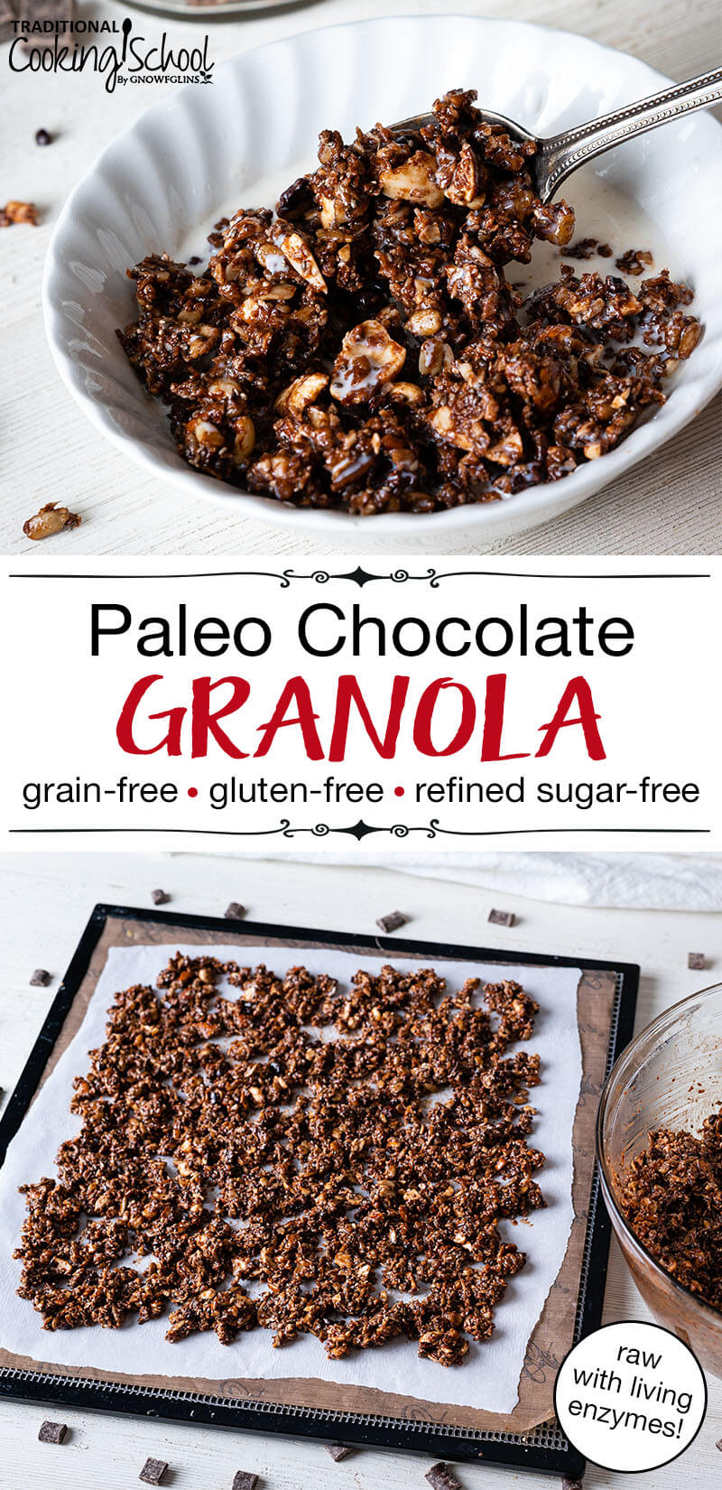 photo collage of dehydrating granola, and white bowl filled with chocolate paleo granola and milk being poured over the top. Text overlay: "Paleo Chocolate Granola: grain-free, gluten-free, refined sugar-free (raw with living enzymes!)"