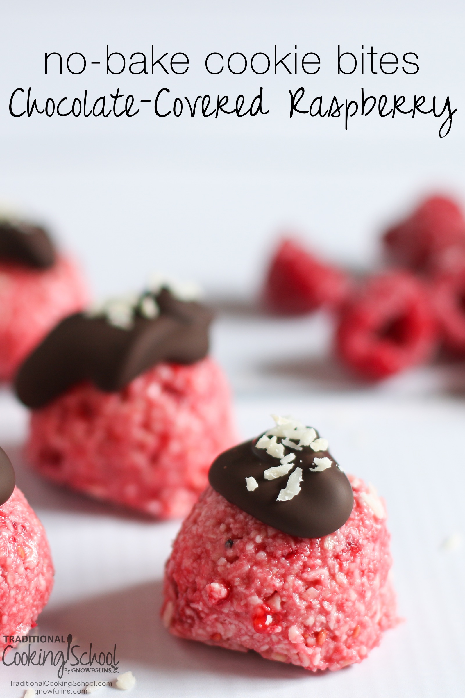 Chocolate-Covered Raspberry No-Bake Cookie Bites | No bake? Check. So easy a kid could do it? Check. Healthy, real food ingredients? Check. Allergy-friendly? Check. Only one appliance? Check. Just a couple dirty dishes? Check. Delicious? That, too! I've been so excited to bring you this recipe! | TraditionalCookingSchool.com