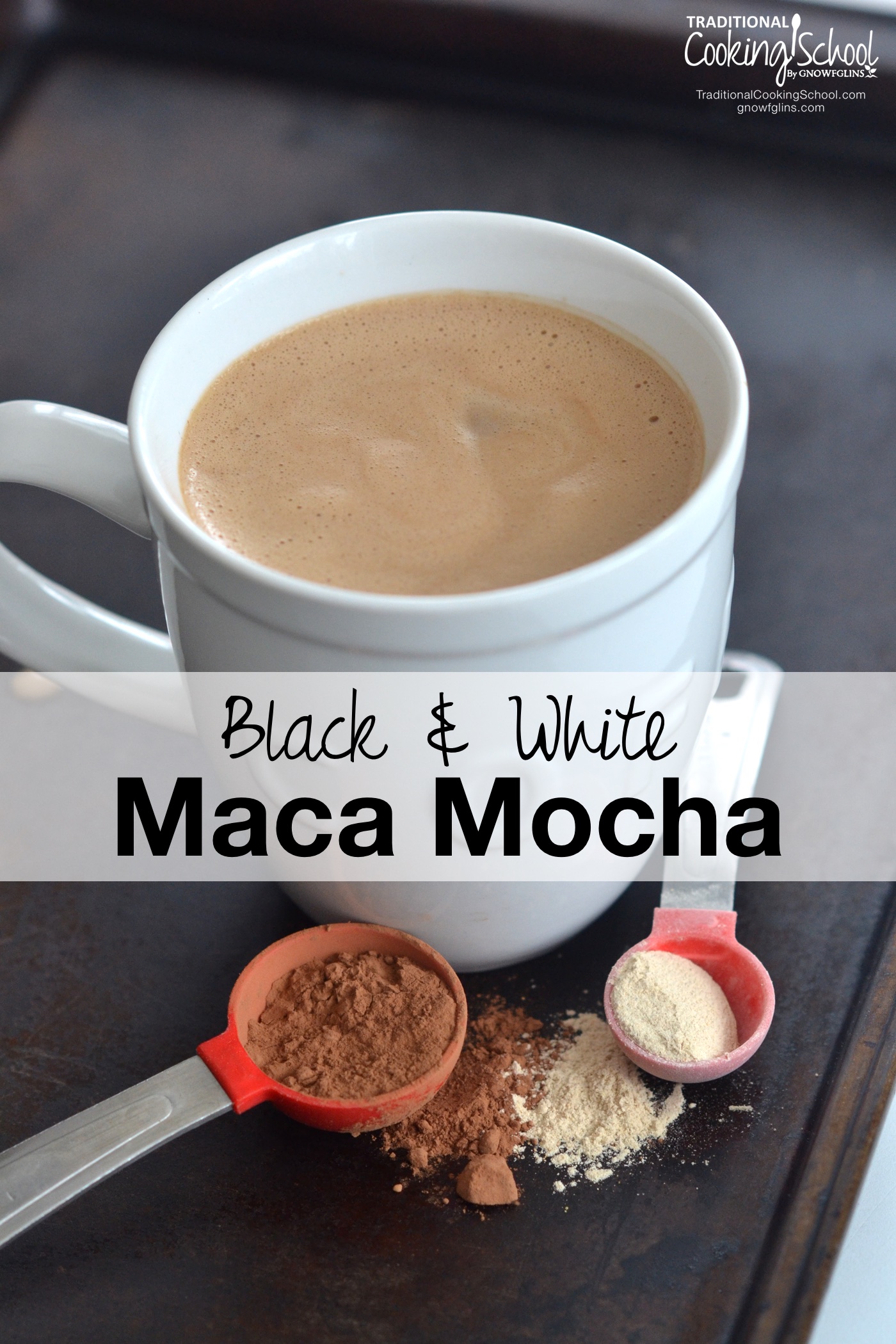 Black & White Maca Mocha | Recently I realized that I just couldn't remember the last time I'd woken up feeling completely rested. My lack of energy could have been caused by a number of things; all I know is that I wanted to feel better. Enter: maca. I experimented with it by putting it in all my drinks. My energy now? Extended instead of sporadic! Here is one hot drink that gets my day going with maca! | TraditionalCookingSchool.com