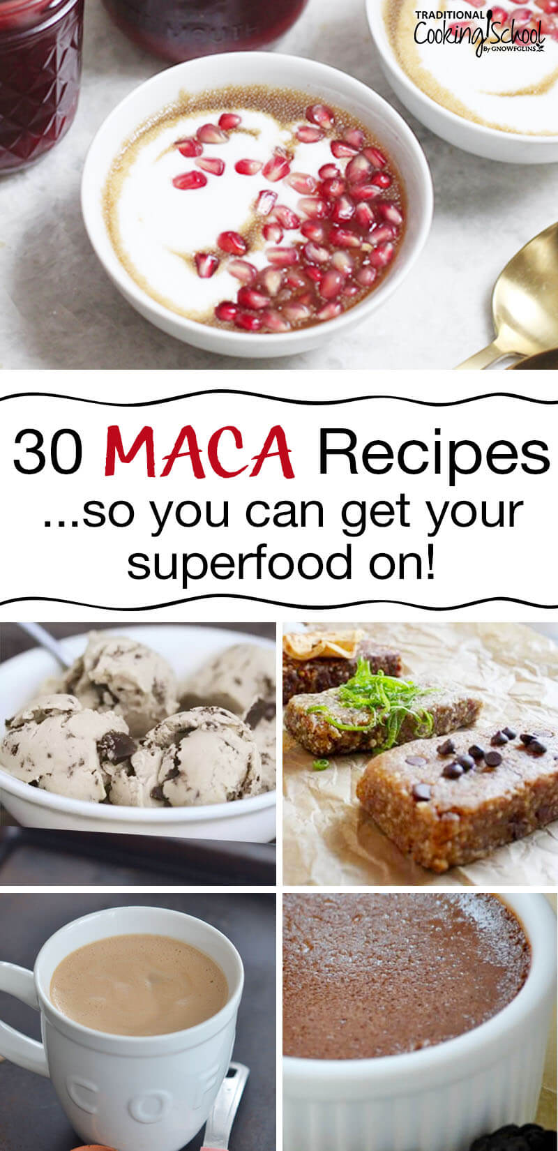 30 Maca Recipes - how to take and how to eat this amazing superfood! Maca has an amazing energizing effect and the positive effects on fertility, hormone balancing and more are really catching wind. Consider this adaptogenic superfood as a healthy addition to your lifestyle -- one that might be the missing link if you experience low energy levels, depression, compromised immunity, or hormonal imbalances. #macapowder #smoothie #organic #coffee #uses #recipe