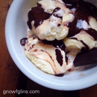 A white bowl filled with three scoops of vanilla ice cream topped with chocolate sauce.