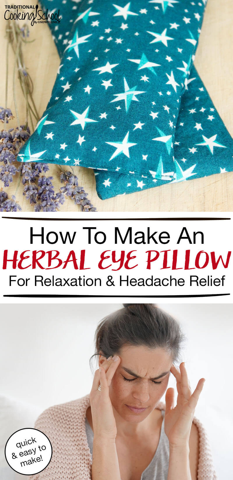 How To Make An Herbal Eye Pillow For Relaxation & Headache Relief | Tired eyes? Stressed? Have a headache? Can’t sleep? An herbal eye pillow may be just the thing you need! With the weight of the rice and the soothing scent of lavender, you can rest and relax to your heart's content. Plus, these pillows are so quick and easy to make, you can give them to all of your friends, too! | TraditionalCookingSchool.com