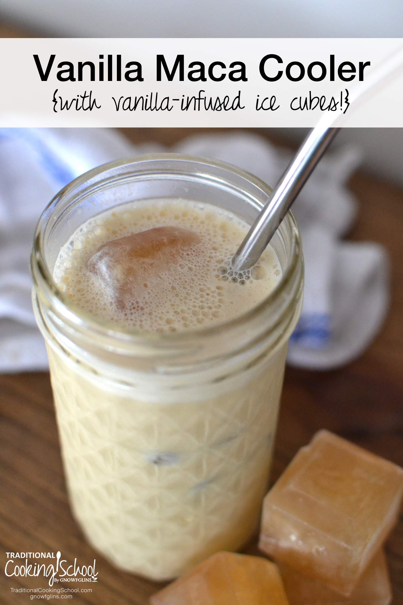 Vanilla Maca Cooler {with vanilla-infused ice cubes!} | Sometimes I just want to sip on something cool and refreshing. The sunny afternoons around here call for something energizing -- a Vanilla Maca Cooler. With vanilla, a bit of cinnamon and nutmeg, a raw egg yolk for sustained energy, and some raw milk, this is the perfect recipe for running errands, reading a book, or kicking back on your front porch. | TraditionalCookingSchool.com