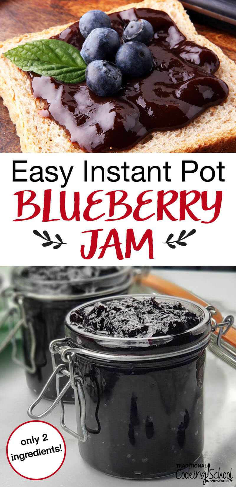 Toast with blueberry jam and a jar of blueberry jam with text overlay