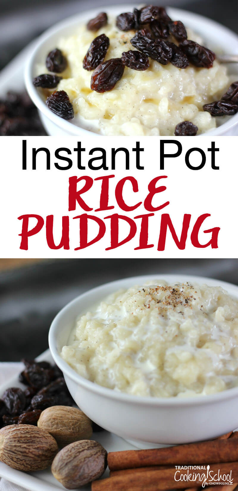 instant pot rice pudding in a dessert cup topped with cinnamon a mint leaf and a cinnamon stick. Text overlay says, "Instant Pot Rice Pudding"