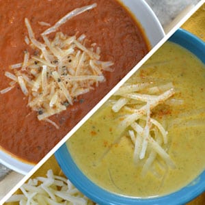 photo collage of orange and yellow blended soups with grated cheese garnishes