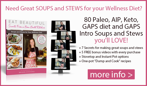 Collage image of a Soups and Stews Cookbook with a button that says buy now.