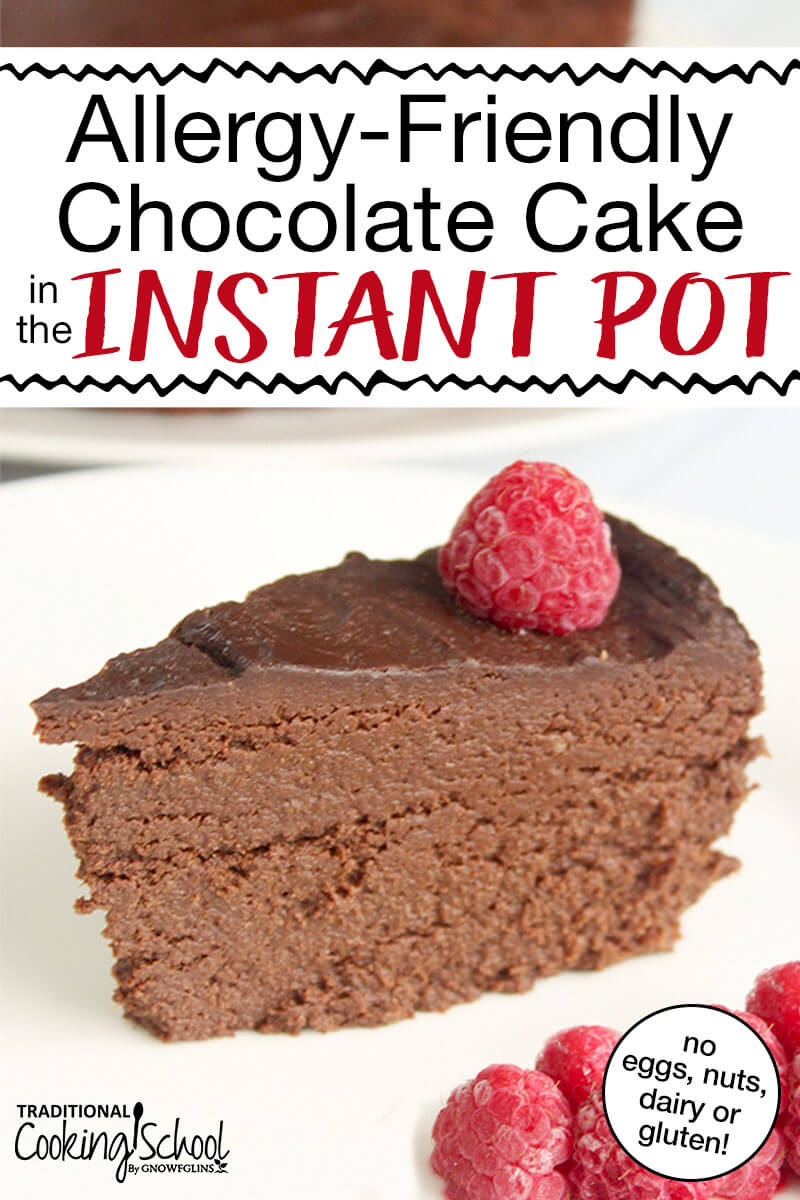 Allergy-Friendly Chocolate Cake In The Instant Pot | Are you looking for a chocolate cake free of eggs, nuts, dairy, and gluten? How about a cake made without refined sugar or flour? This rich, fudge-y cake is just the recipe you've been looking for! And, from melting chocolate to baking the cake -- everything can be done right in the Instant Pot! No extra dishes to wash, and no need to turn on the oven. | TraditionalCookingSchool.com