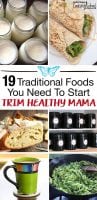 Sourdough bread, yogurt in mason jars, broth in a mug and zucchini noodles with text above "19 Foods You Need to Start Trim Healthy Mama" Pinterest pin.