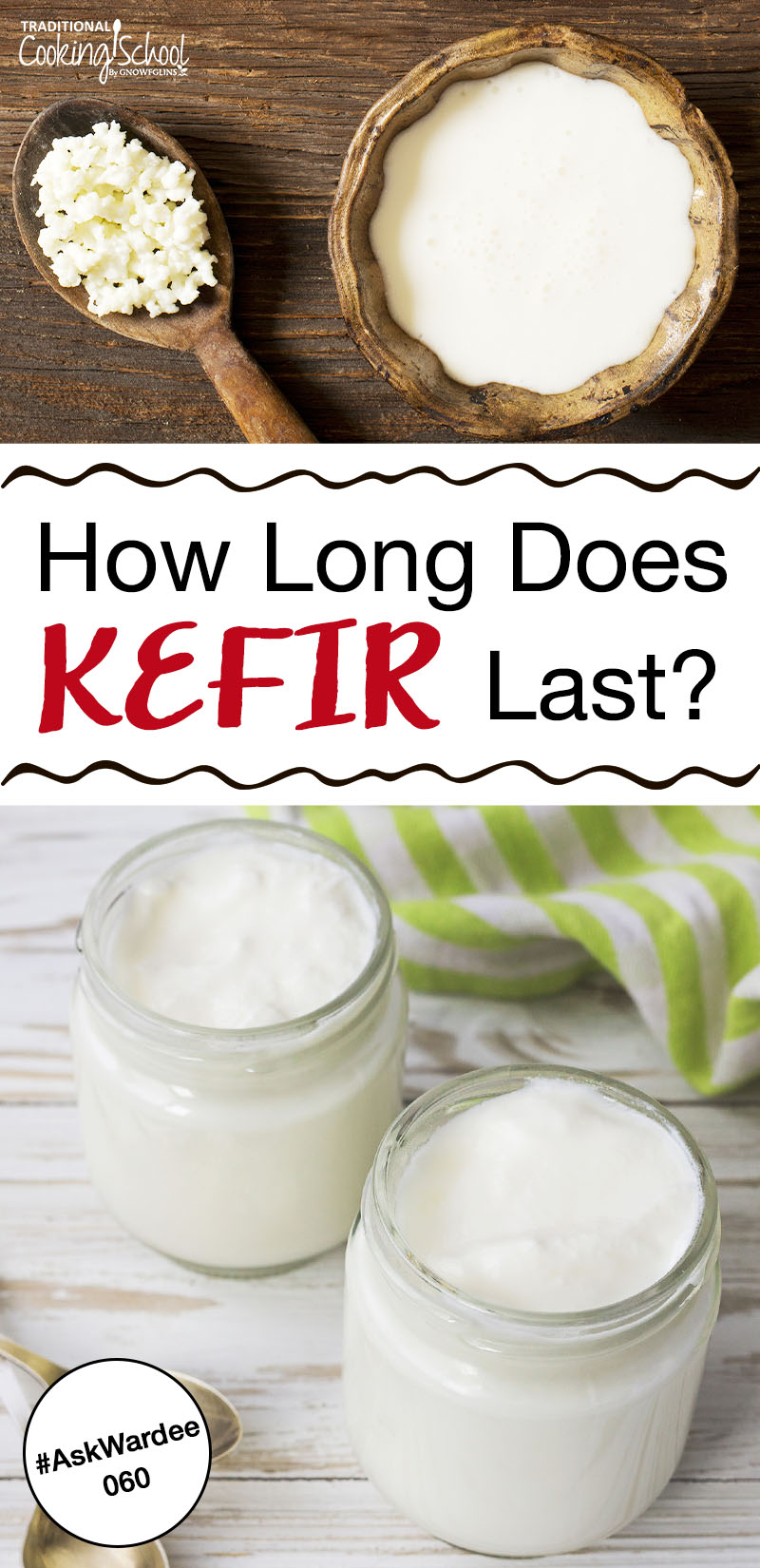 Glass of milk kefir on a table with striped towel in the background and text overlay.