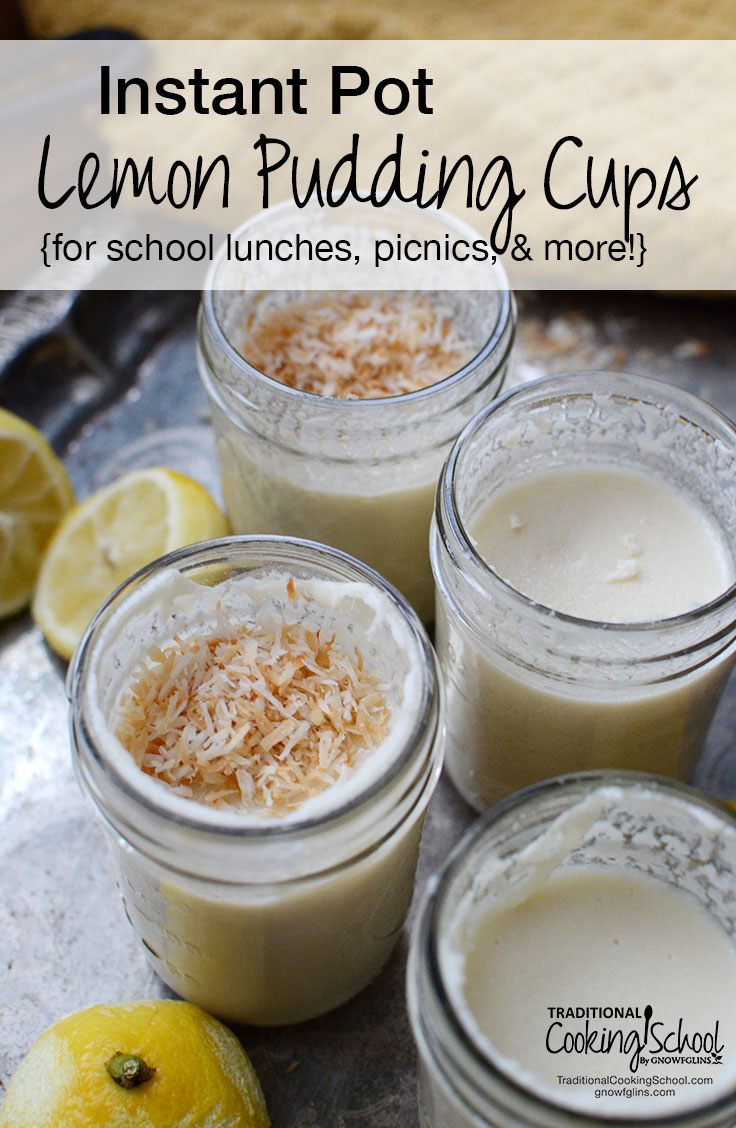 Instant Pot Lemon Pudding Cups {for school lunches, picnics, & more!} | These Instant Pot lemon pudding cups cook right in their serving jars -- no need to transfer or dirty more dishes. Once they're set, simply put them into a lunchbox, pack them in a picnic basket, or toss one into your purse for a quick snack or dessert on the go! | TraditionalCookingSchool.com