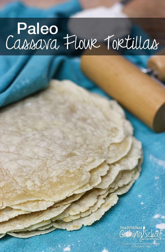 Tortillas with rolling pin on blue napkin with white text overlay