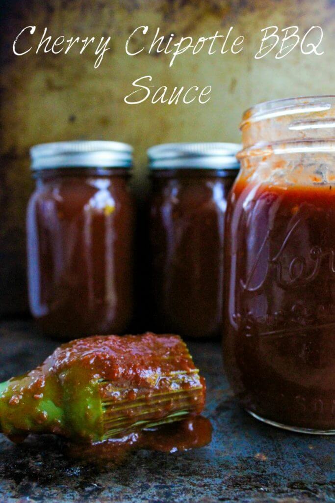Cherry chipotle BBQ sauce in jars with white text overlay