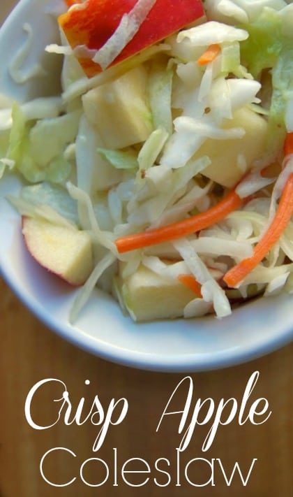 Crisp Apple coleslaw in white bowl with white text overlay