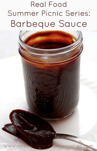 Jar of BBQ sauce with spoon both on white plate with brown text overlay