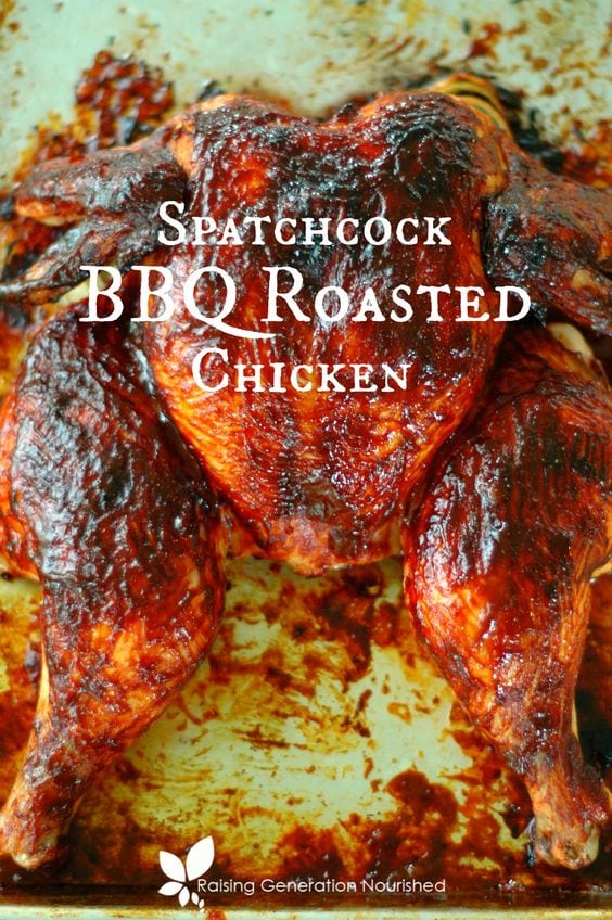 BBQ roasted chicken in pan with white text overlay