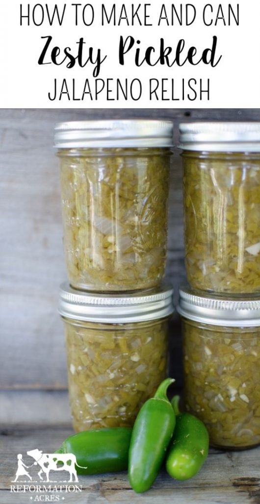 Four jars of jalapeno relish stacked with side of jalapenos on wood with black text overlay