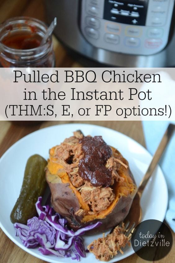 BBQ pulled chicken in a baked sweet potato with cole slaw and a pickle on a white plate and an instant pot in the background with black text overlay