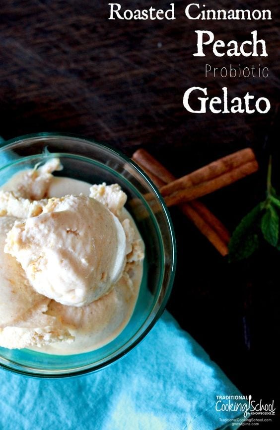 Peach gelato in glass bowl and cinnamon stick on blue napkin with white text overlay