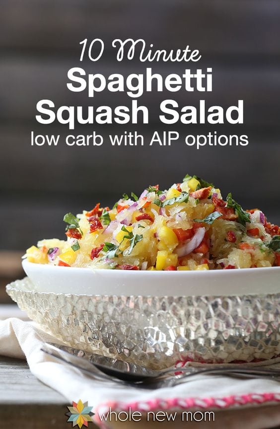 Spaghetti squash salad in white and glass bowl with spoon and napkin with white text overlay