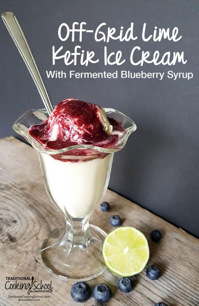 Kefir ice cream in glass dish with spoon, lime, blueberries with white text overlay