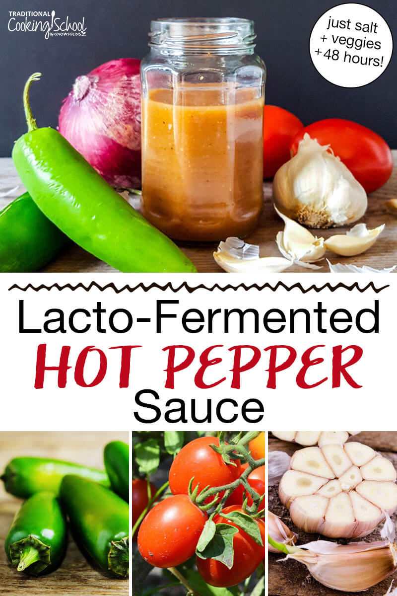 Photo collage of tomatoes, garlic, hot peppers, and homemade hot sauce in a small jar. Text overlay says: "Lacto-Fermented Hot Pepper Sauce (just salt + veggies + 48 hours!)"