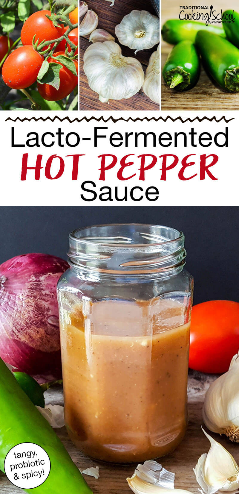 Photo collage of tomatoes, garlic, hot peppers, and homemade hot sauce in a small jar. Text overlay says: "Lacto-Fermented Hot Pepper Sauce (tangy, probiotic & spicy!)"