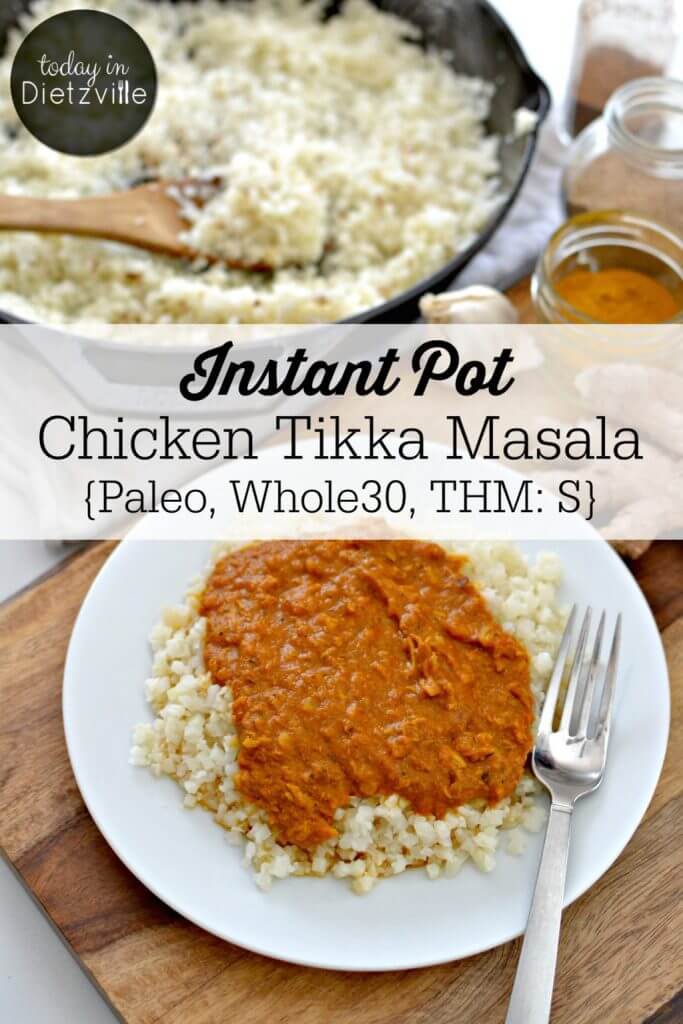 tikka masala on white plate with fork and pan of rice